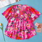 Pink Floral Smocked Blouse - Short Sleeve