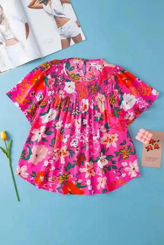 Pink Floral Smocked Blouse - Short Sleeve