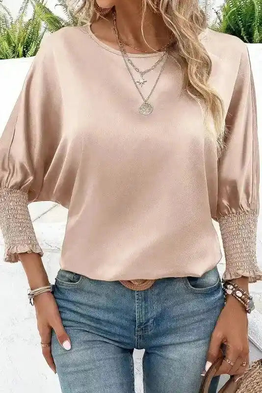 Smoke Gray Dolman Sleeve Satin Blouse with Shirred Elegance
