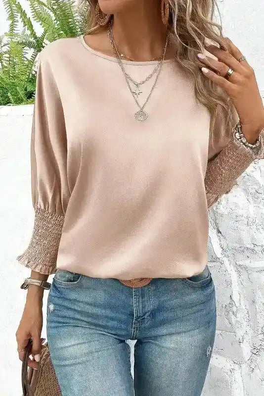 Smoke Gray Dolman Sleeve Satin Blouse with Shirred Elegance