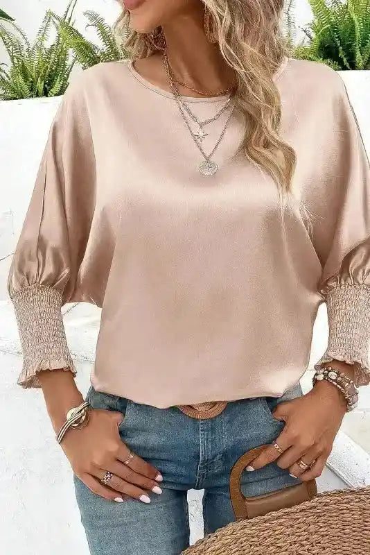 Smoke Gray Dolman Sleeve Satin Blouse with Shirred Elegance