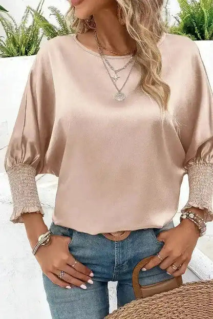 Smoke Gray Dolman Sleeve Satin Blouse with Shirred Elegance