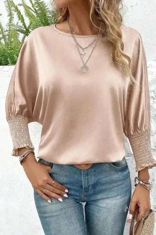 Smoke Gray Dolman Sleeve Satin Blouse with Shirred Elegance