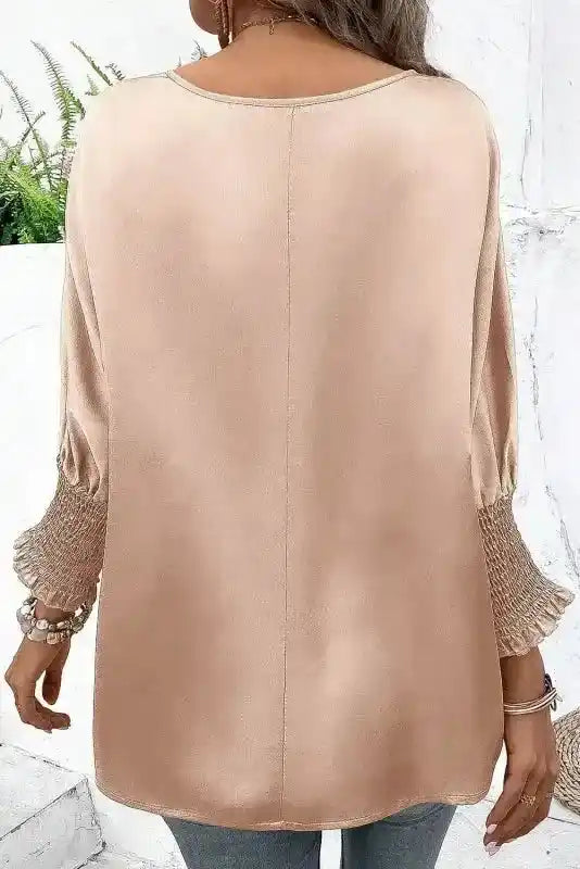 Smoke Gray Dolman Sleeve Satin Blouse with Shirred Elegance