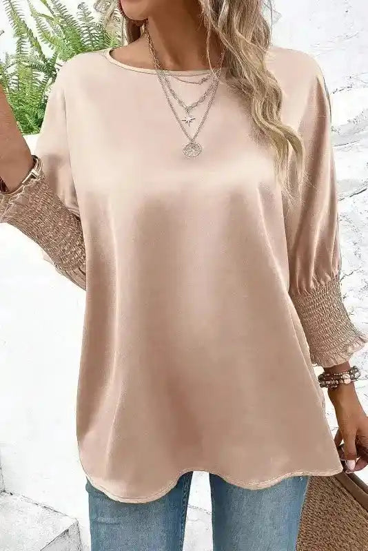 Smoke Gray Dolman Sleeve Satin Blouse with Shirred Elegance