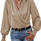 Surplice Neck Shirred Cuffs Draped Blouse