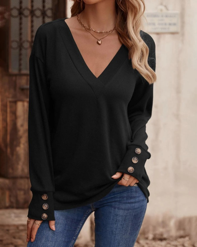 Therese - Stylish and Comfortable Plain Colour V-Neck Top with Buttons