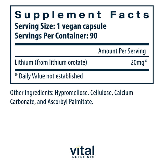 Vital Nutrients Lithium Orotate | Vegan Lithium Supplements for Memory, State of Mind, and Behavioral Health* | 20mg | Gluten, Dairy, Soy Free | 90 Capsules