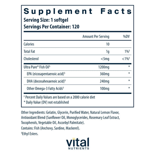 Vital Nutrients Ultra Pure Fish Oil 700 | High EPA & DHA, Lemon Flavor | 120 Softgels