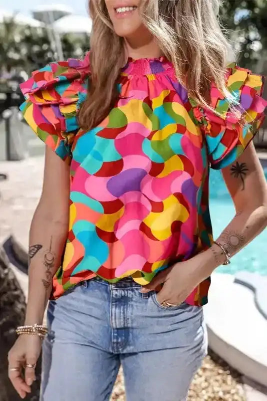 Multi Colour Ruffle Sleeve Blouse