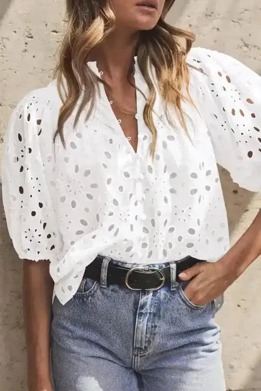 White Puff Sleeve Cutwork Blouse