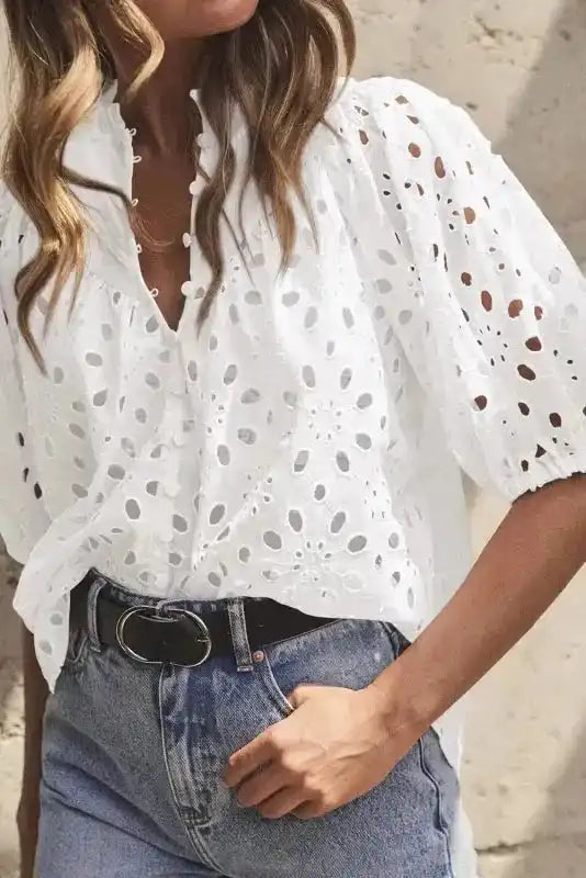 White Puff Sleeve Cutwork Blouse