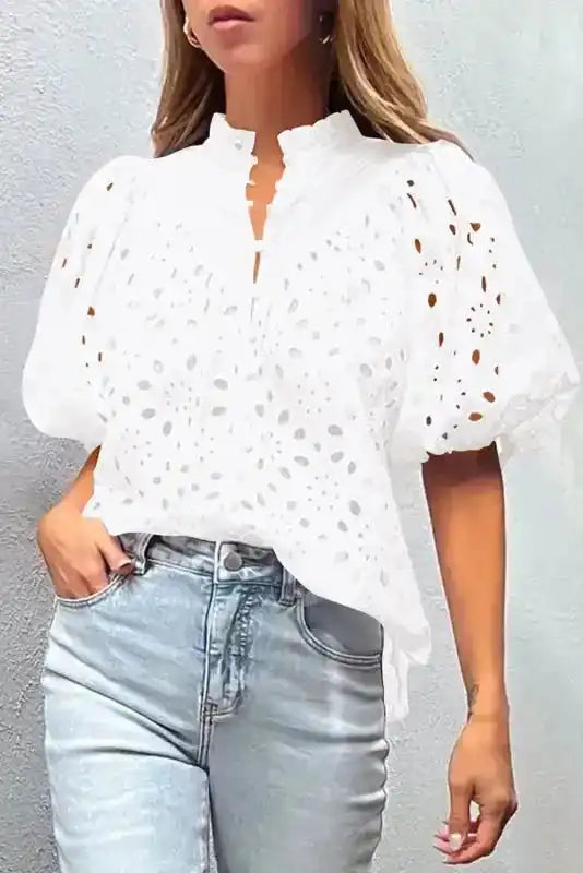 White Puff Sleeve Cutwork Blouse