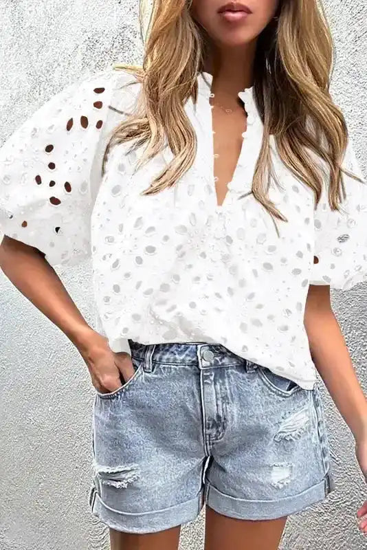 White Puff Sleeve Cutwork Blouse