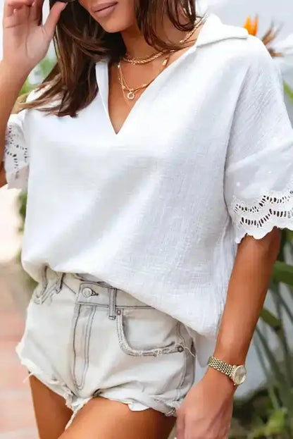 White Crinkled Lace Blouse - Linen