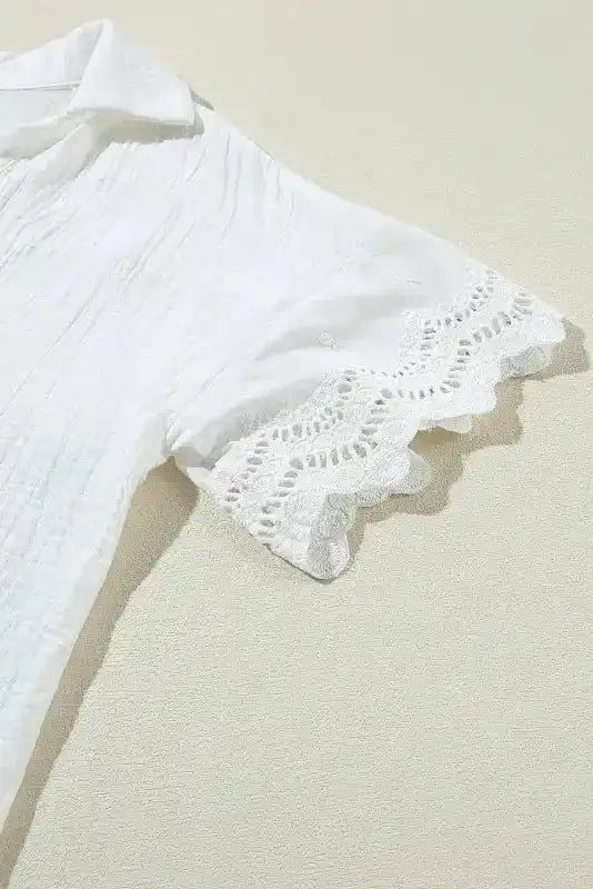 White Crinkled Lace Blouse - Linen