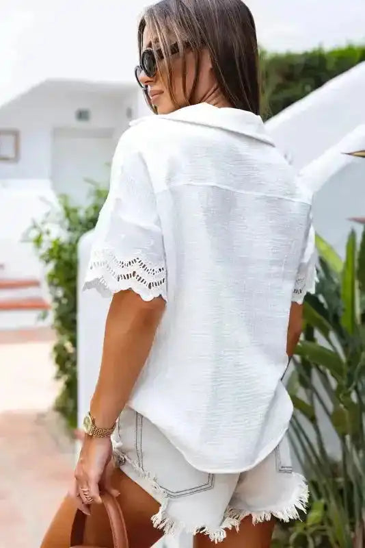 White Crinkled Lace Blouse - Linen