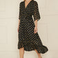Yumi Black Foil Print Wrap Over Dip Hem Midi Dress