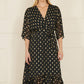 Yumi Black Foil Print Wrap Over Dip Hem Midi Dress