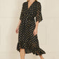 Yumi Black Foil Print Wrap Over Dip Hem Midi Dress
