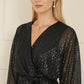 Yumi Black Sequin Kimono Midi Wrap Dress