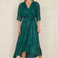 Yumi Green Sequin Kimono Midi Wrap Dress