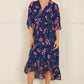 Yumi Navy Floral Kimono Dipped Hem Dress