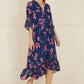 Yumi Navy Floral Kimono Dipped Hem Dress