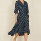 Yumi Navy Foil Print Wrap Over Dip Hem Midi Dress