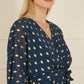 Yumi Navy Foil Print Wrap Over Dip Hem Midi Dress
