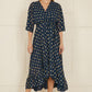 Yumi Navy Foil Print Wrap Over Dip Hem Midi Dress