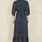 Yumi Navy Foil Print Wrap Over Dip Hem Midi Dress