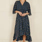 Yumi Navy Foil Print Wrap Over Dip Hem Midi Dress