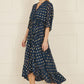 Yumi Navy Foil Print Wrap Over Dip Hem Midi Dress