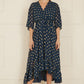 Yumi Navy Foil Print Wrap Over Dip Hem Midi Dress