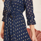 Yumi Navy Foil Printed Pleated Wrap Midi Dress