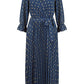 Yumi Navy Foil Printed Pleated Wrap Midi Dress