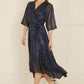 Yumi Navy Sequin Kimono Midi Wrap Dress