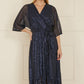 Yumi Navy Sequin Kimono Midi Wrap Dress