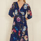 Yumi Navy Watercolour Dip Hem Midi Wrap Dress