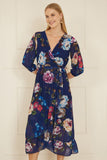 Yumi Navy Watercolour Dip Hem Midi Wrap Dress