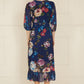 Yumi Navy Watercolour Dip Hem Midi Wrap Dress