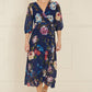 Yumi Navy Watercolour Dip Hem Midi Wrap Dress