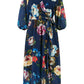 Yumi Navy Watercolour Dip Hem Midi Wrap Dress