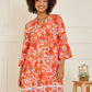 Yumi Orange Ikat Print 3/4 Sleeve Tunic Dress