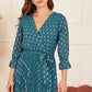 Yumi Teal Foil Printed Pleated Wrap Midi Dress