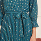 Yumi Teal Foil Printed Pleated Wrap Midi Dress