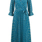 Yumi Teal Foil Printed Pleated Wrap Midi Dress
