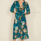 Yumi Teal Watercolour Dip Hem Midi Wrap Dress