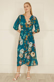 Yumi Teal Watercolour Dip Hem Midi Wrap Dress